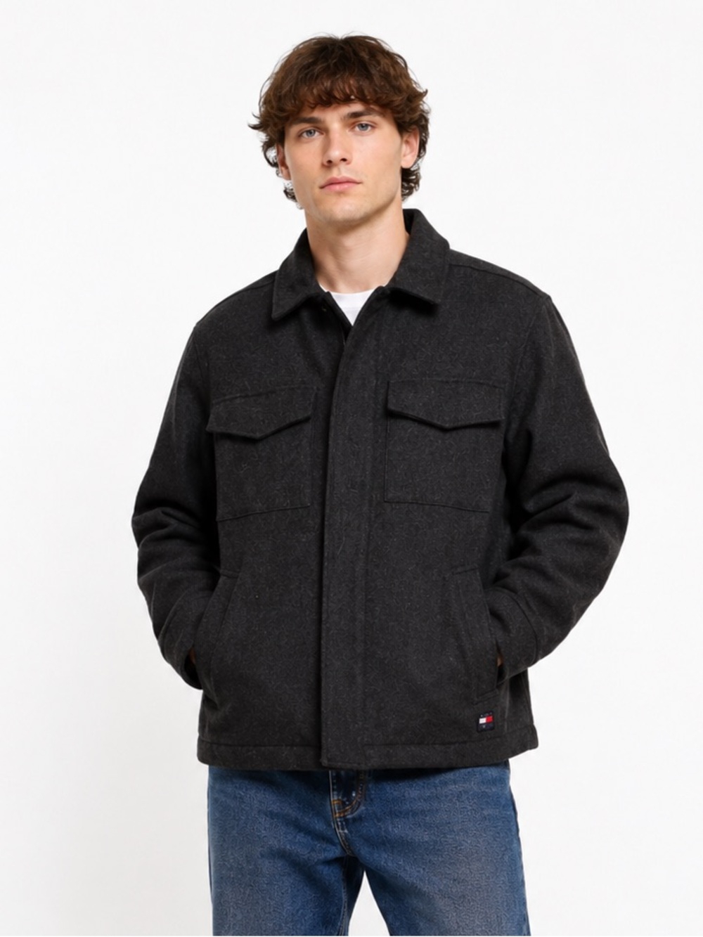 90s Y2K Vintage Tommy Hilfiger Wool Utility Jacket (Charcoal Gray) Size M
